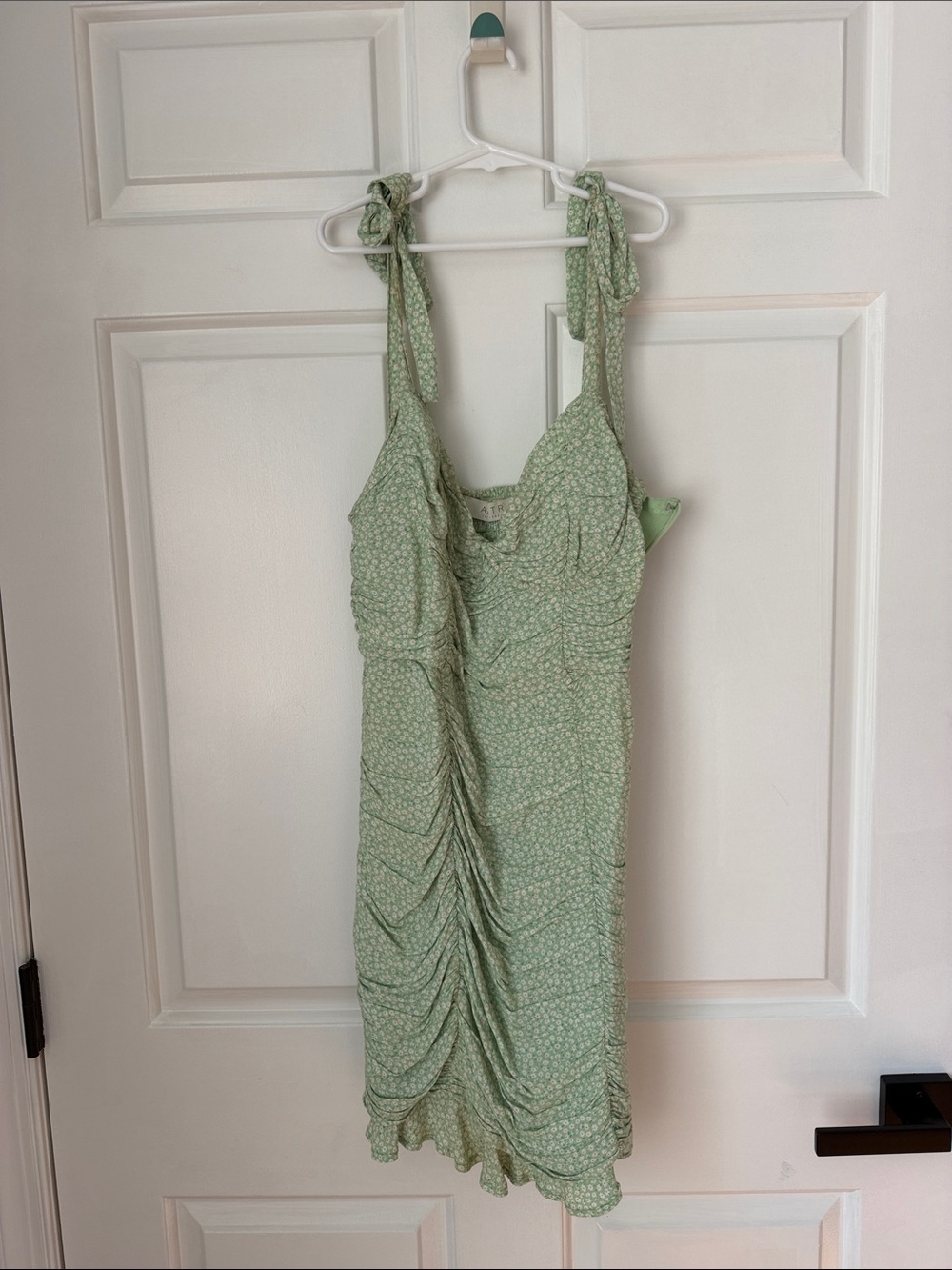 Astr Light Green Floral Tie-Shoulder Ruched Midi Dress